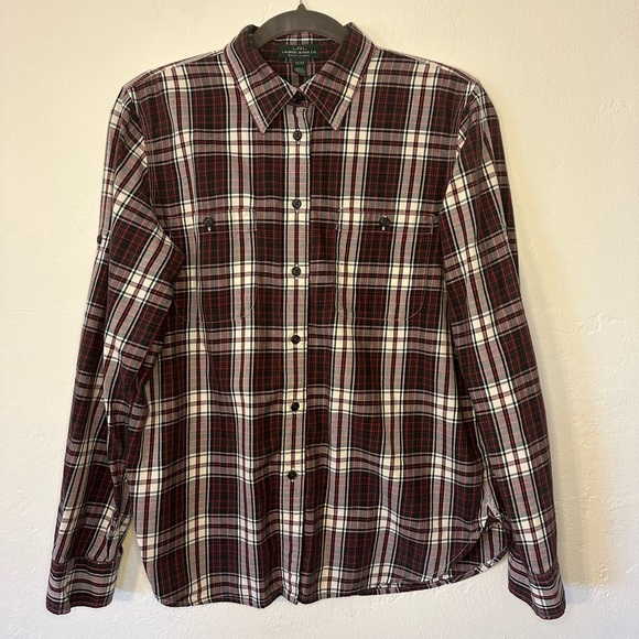 Lauren Ralph Lauren Tops - Lauren Ralph Lauren Women Medium Flannel Plaid Shirt Roll Tab Sleeve Pockets